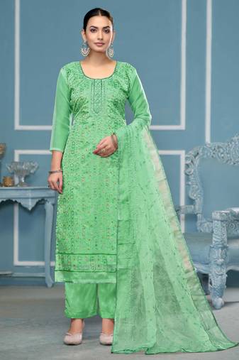 Sea-green sequins organza semi stitched churidar dress-materials