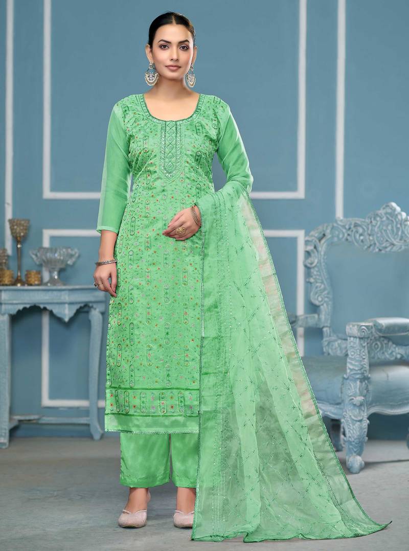 Sea-green sequins organza semi stitched churidar dress-materials