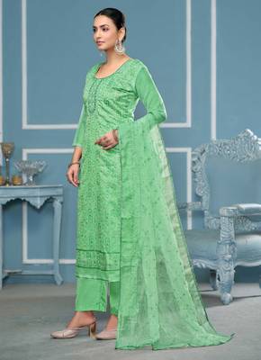 Sea-green sequins organza churidar dress-materials 2