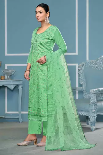 Sea-green sequins organza churidar dress-materials
