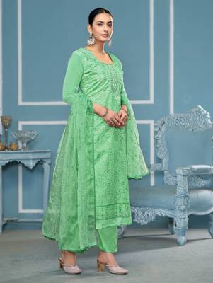 Sea-green sequins organza churidar dress-materials 4