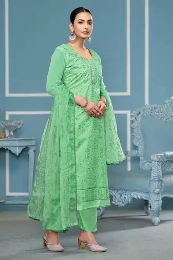 Sea-green sequins organza churidar dress-materials