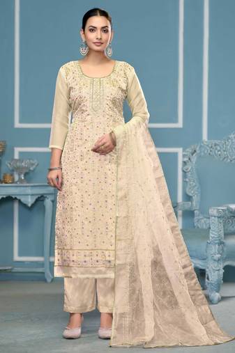 White sequins organza semi stitched churidar dress-materials