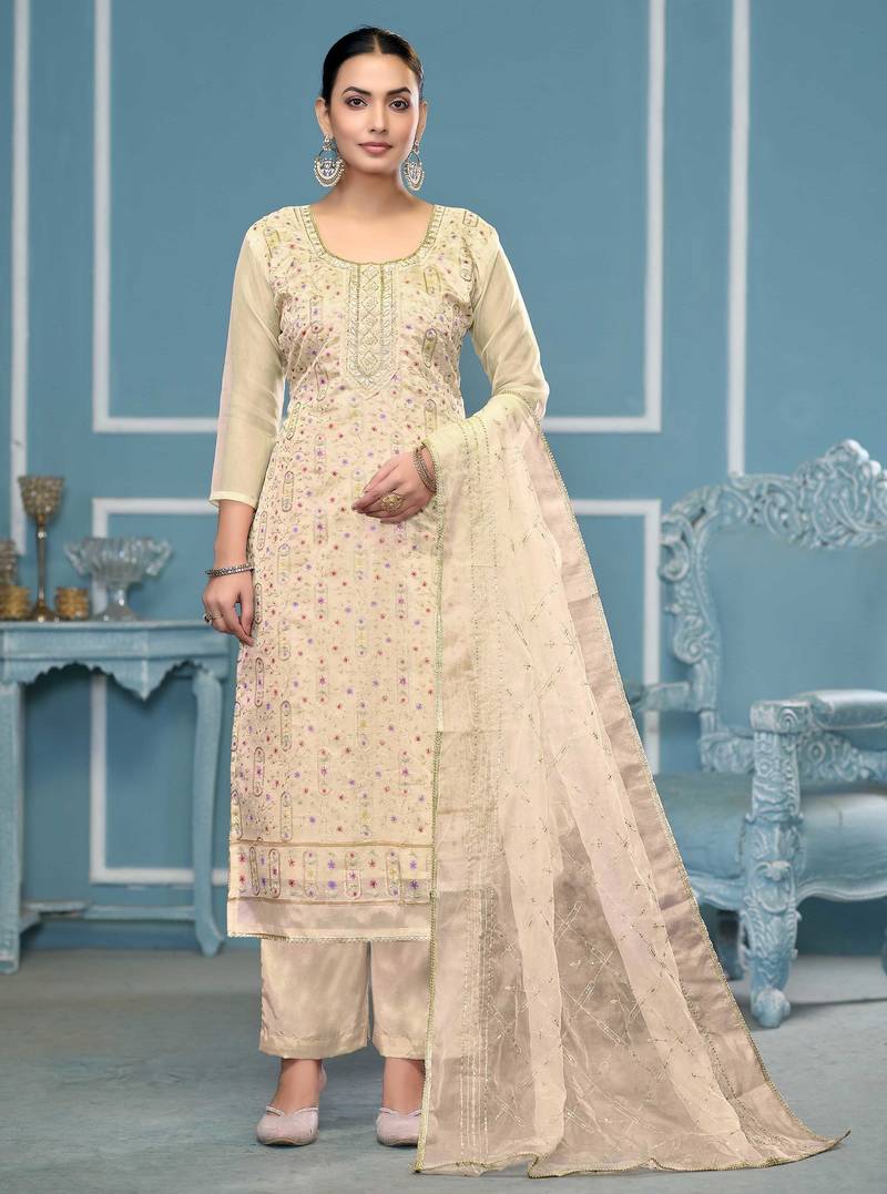 White sequins organza semi stitched churidar dress-materials