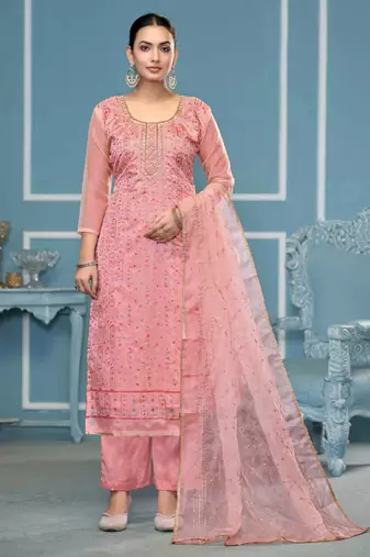 Pink sequins organza semi stitched churidar dress-materials