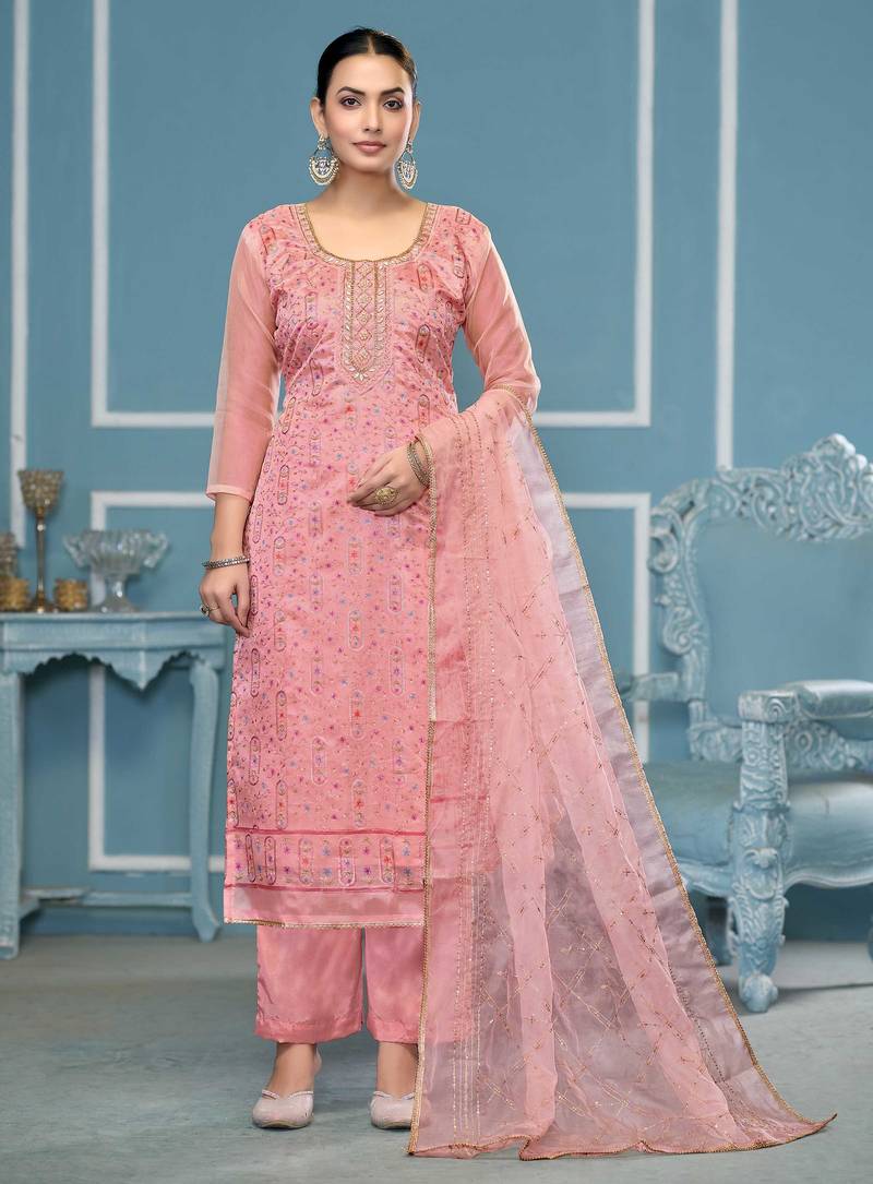 Pink sequins organza semi stitched churidar dress-materials