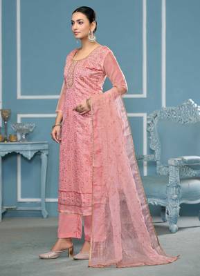 Pink sequins organza churidar dress-materials 2