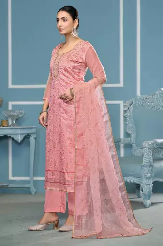 Pink sequins organza churidar dress-materials