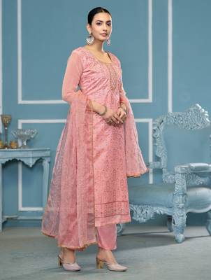Pink sequins organza churidar dress-materials 4