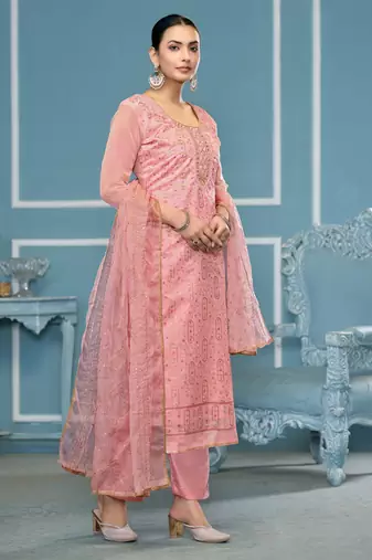 Pink sequins organza churidar dress-materials