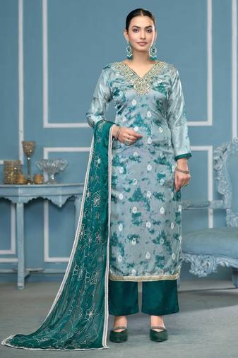Multicolor hand embroidery organza semi stitched churidar dress-materials