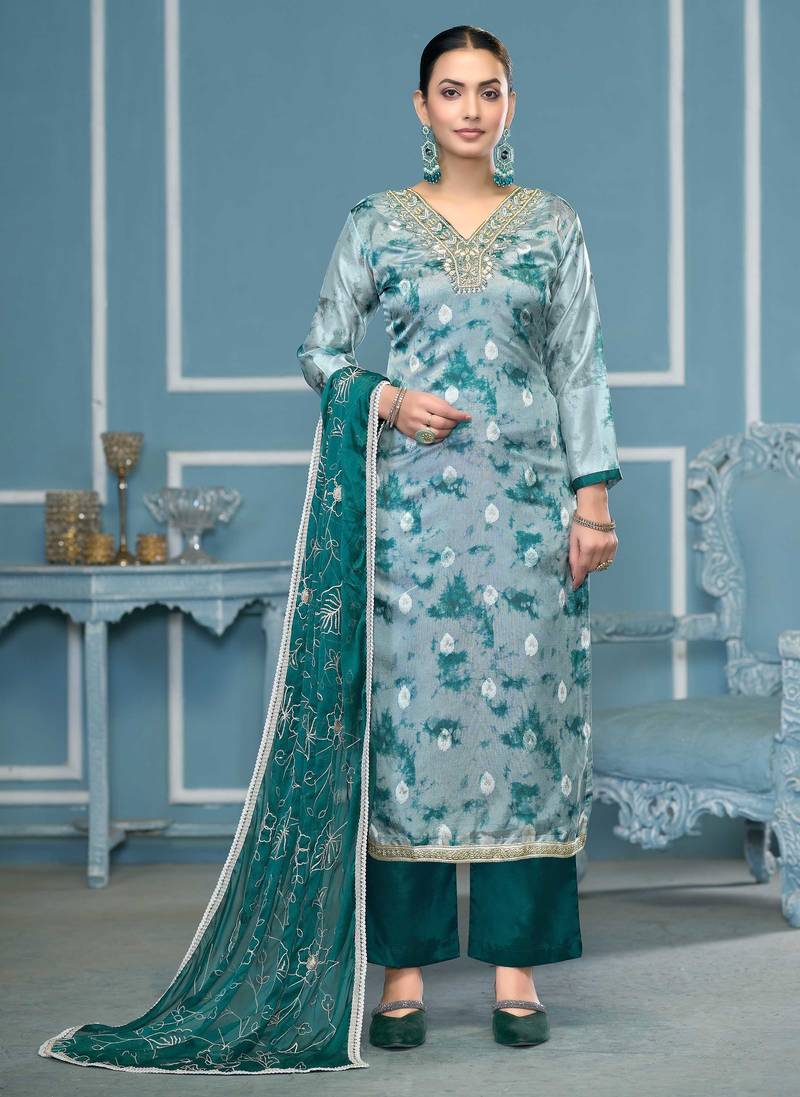 Multicolor hand embroidery organza semi stitched churidar dress-materials