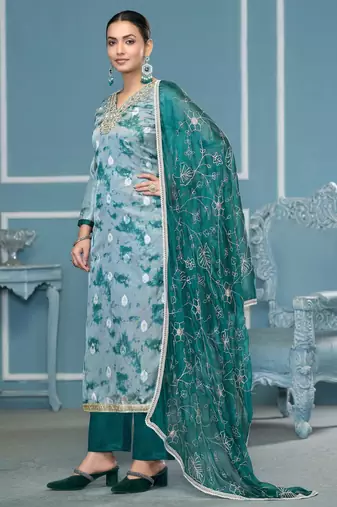 Multicolor hand embroidery organza churidar dress-materials