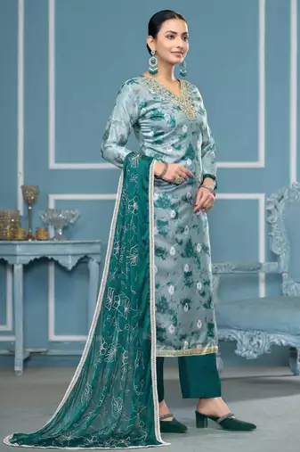 Multicolor hand embroidery organza churidar dress-materials