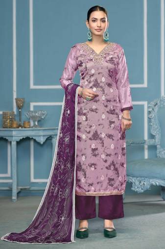 Multicolor hand embroidery organza semi stitched churidar dress-materials