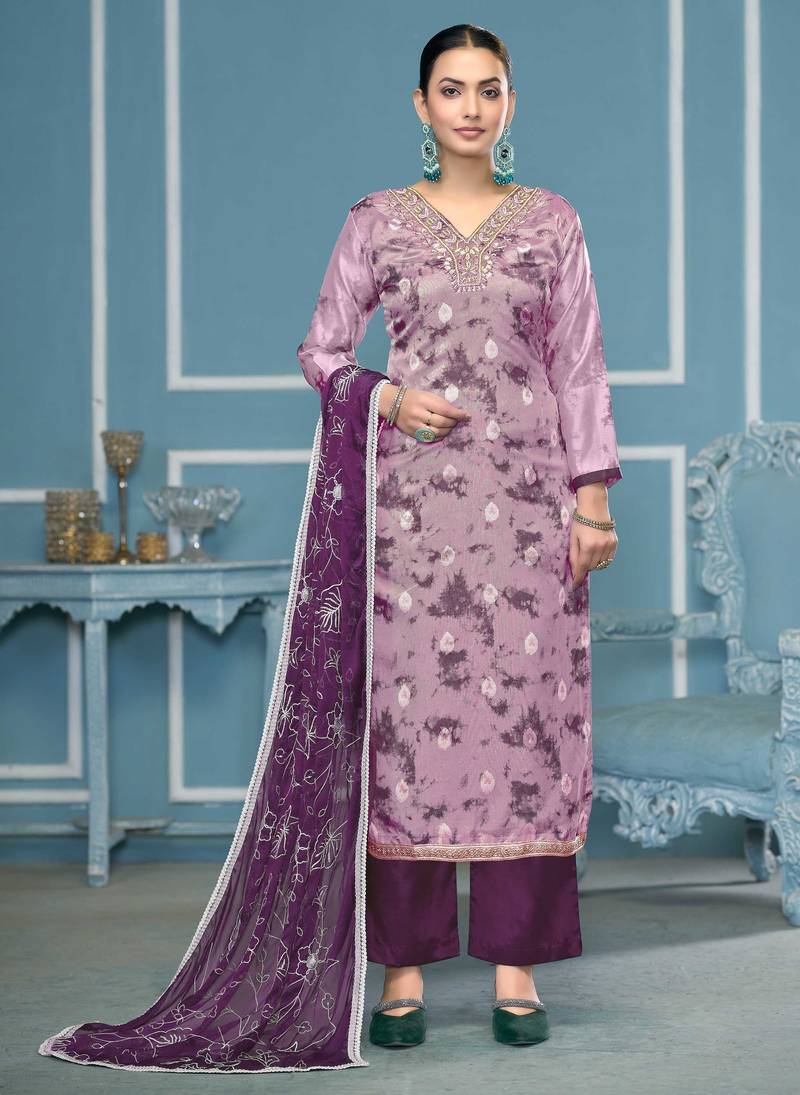 Multicolor hand embroidery organza semi stitched churidar dress-materials