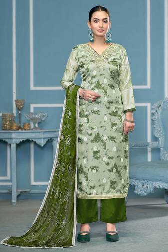 Multicolor hand embroidery organza semi stitched churidar dress-materials