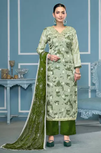 Multicolor hand embroidery organza semi stitched churidar dress-materials