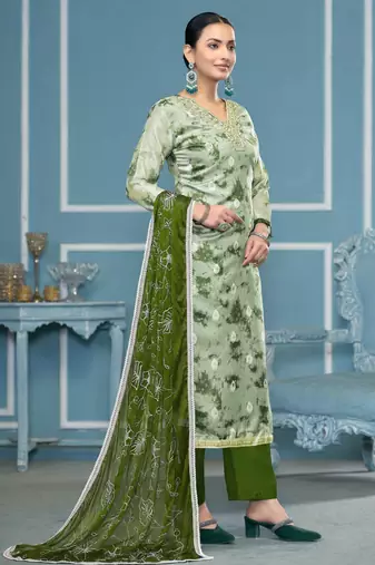 Multicolor hand embroidery organza churidar dress-materials