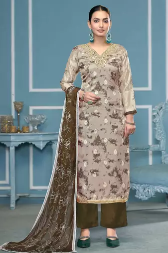 Multicolor hand embroidery organza semi stitched churidar dress-materials