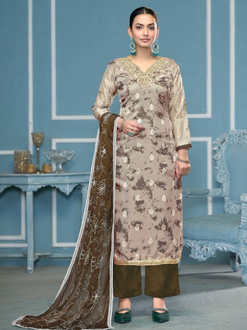 Multicolor hand embroidery organza semi stitched churidar dress-materials