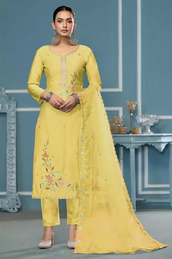 Light-yellow sequins cotton silk semi stitched churidar dress-materials