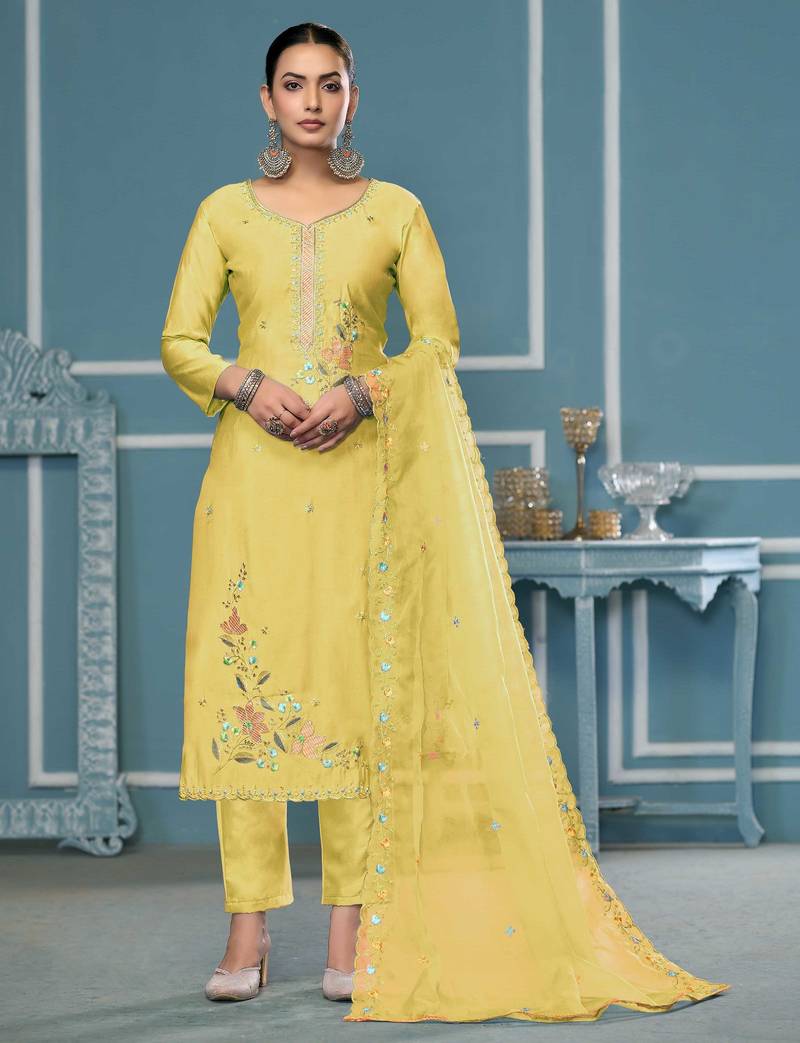 Light-yellow sequins cotton silk semi stitched churidar dress-materials