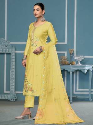 Light-yellow sequins cotton silk churidar dress-materials 2