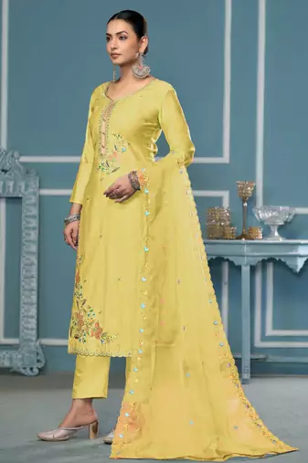 Light-yellow sequins cotton silk churidar dress-materials