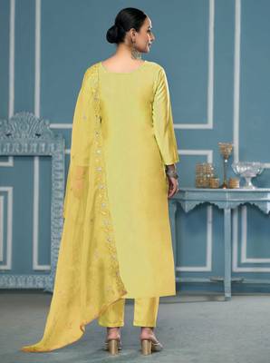 Light-yellow sequins cotton silk churidar dress-materials 3
