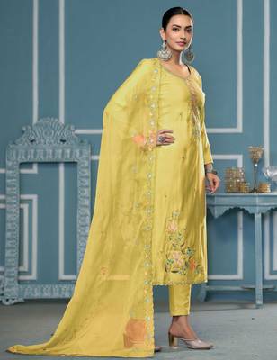 Light-yellow sequins cotton silk churidar dress-materials 4