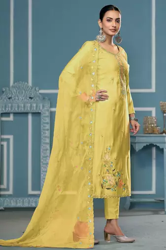 Light-yellow sequins cotton silk churidar dress-materials
