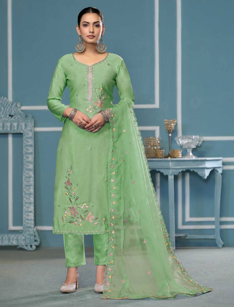 Light-green sequins cotton silk semi stitched churidar dress-materials