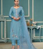 Sky-blue sequins cotton silk semi stitched churidar dress-materials