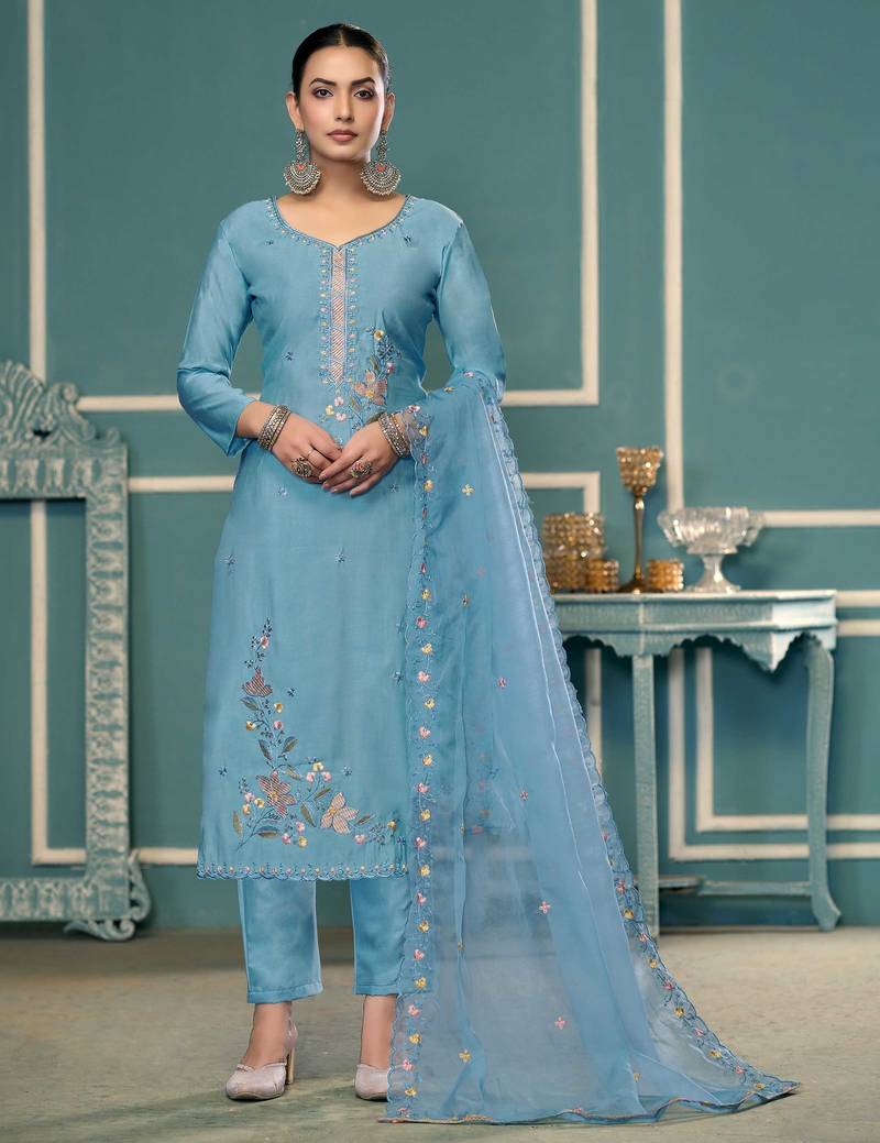 Sky-blue sequins cotton silk semi stitched churidar dress-materials