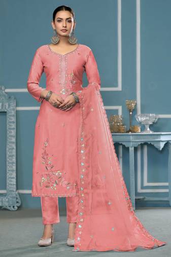 Peach sequins cotton silk semi stitched churidar dress-materials