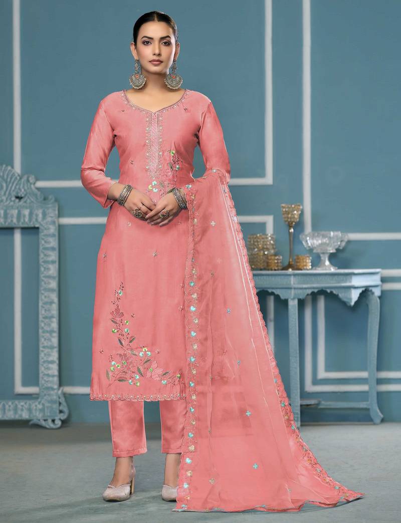 Peach sequins cotton silk semi stitched churidar dress-materials