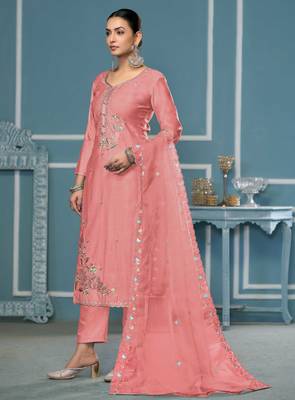 Peach sequins cotton silk churidar dress-materials 2