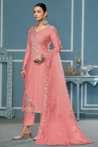 Peach sequins cotton silk churidar dress-materials