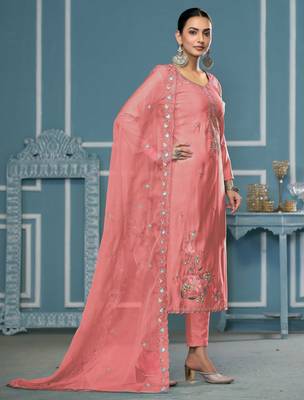 Peach sequins cotton silk churidar dress-materials 4