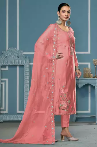 Peach sequins cotton silk churidar dress-materials