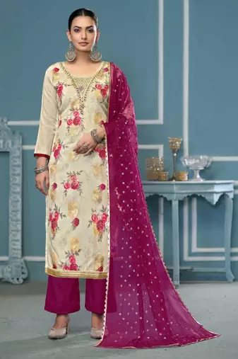 Multicolor hand embroidery viscose semi stitched churidar dress-materials