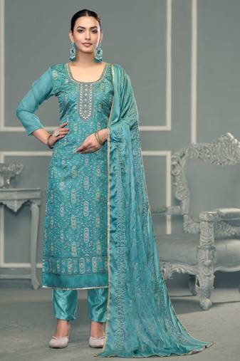 Sea-green sequins organza semi stitched churidar dress-materials