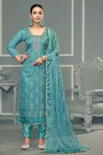 Sea-green sequins organza semi stitched churidar dress-materials