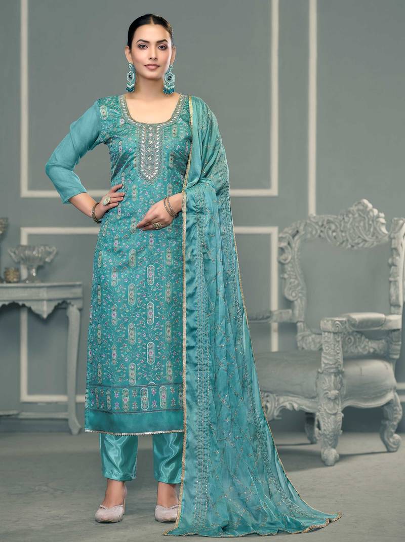 Sea-green sequins organza semi stitched churidar dress-materials