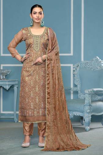 Beige sequins organza semi stitched churidar dress-materials