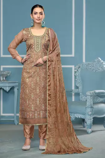 Beige sequins organza semi stitched churidar dress-materials
