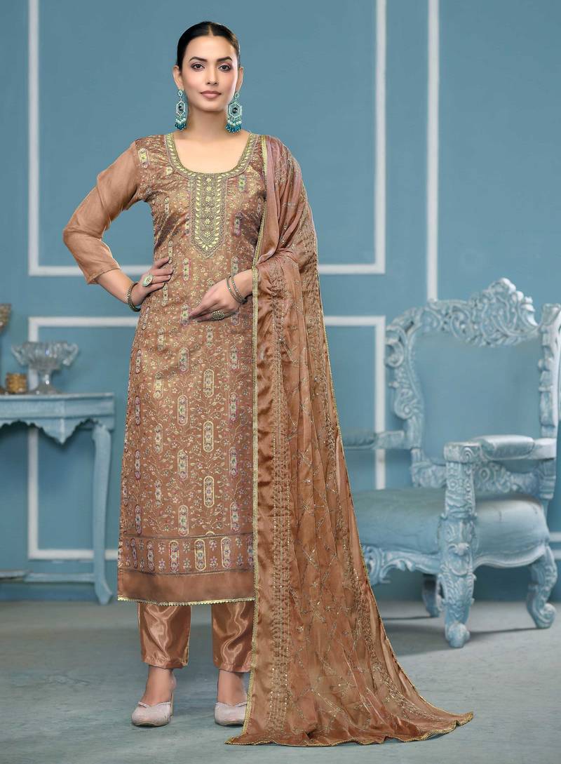 Beige sequins organza semi stitched churidar dress-materials