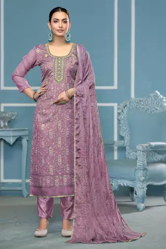 Lavender sequins organza semi stitched churidar dress-materials