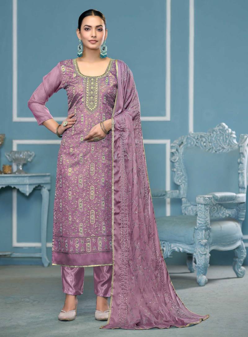 Lavender sequins organza semi stitched churidar dress-materials